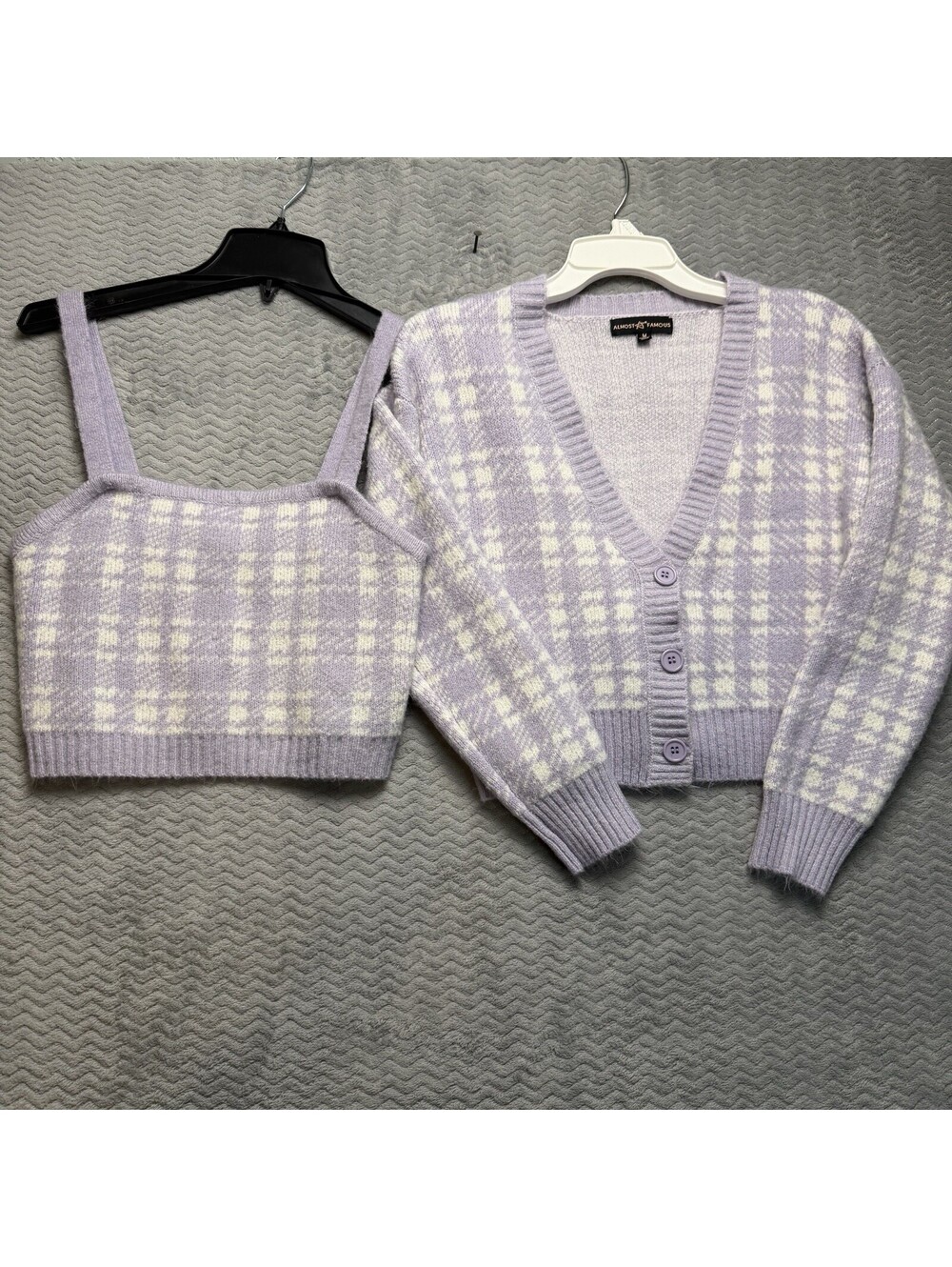 Almost Famous Sweater Set Womens Sz M Plaid Cardigan Soft girl Preppy 2 Pieces